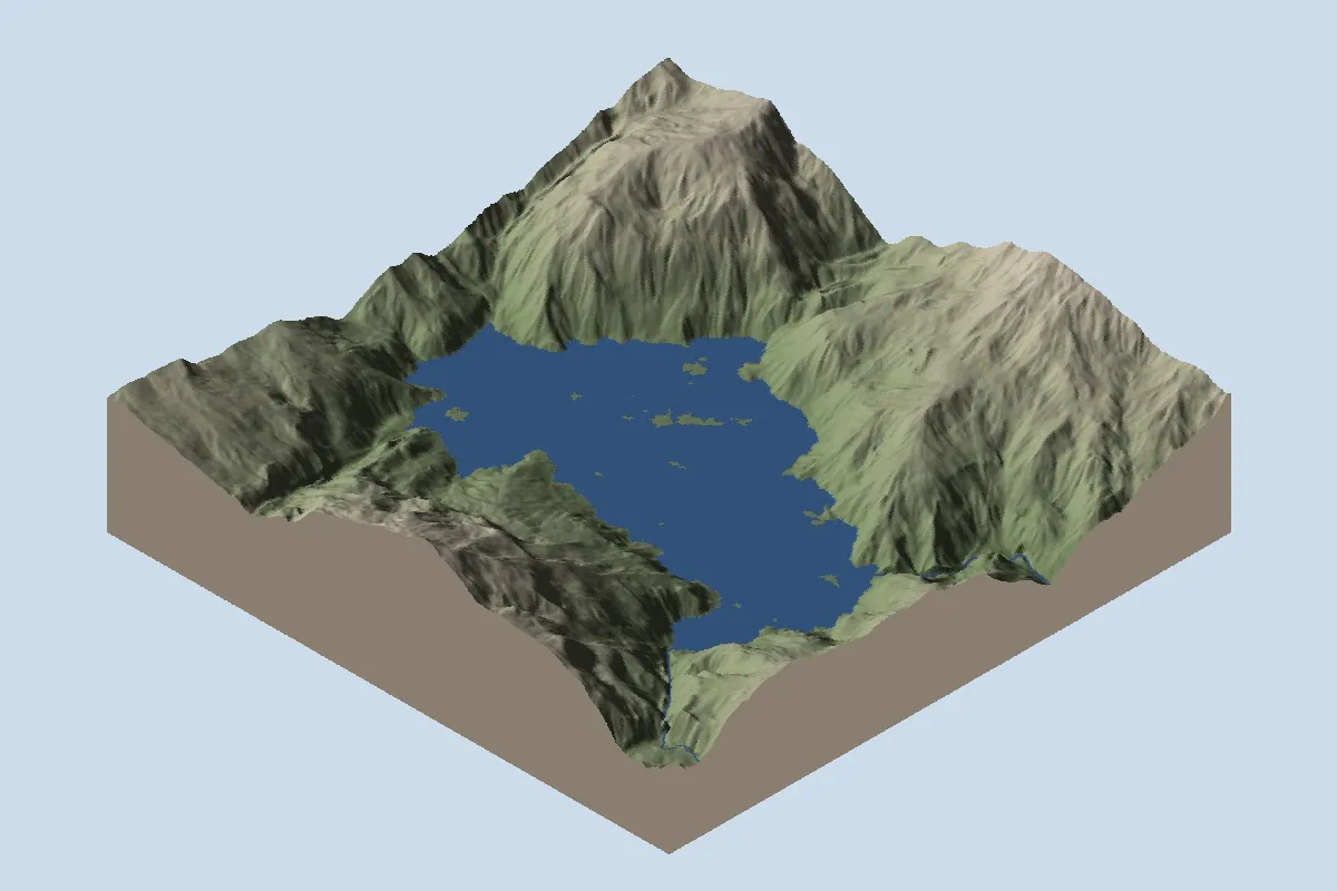 Ho Treo: basin, after lake installation, shown as oblique shaded relief with blue diagnostic water