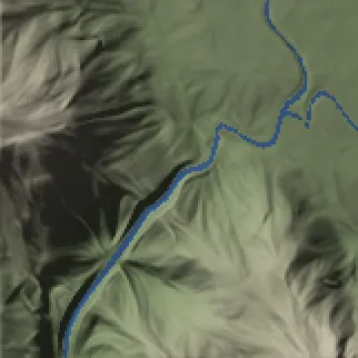 Ho Treo: neck, before lake installation, shown as plan-view shaded relief with blue diagnostic water