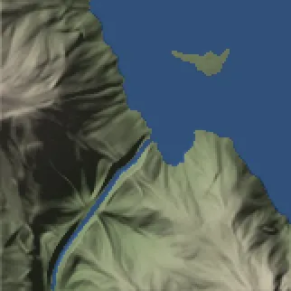 Ho Treo: neck, after lake installation, shown as plan-view shaded relief with blue diagnostic water