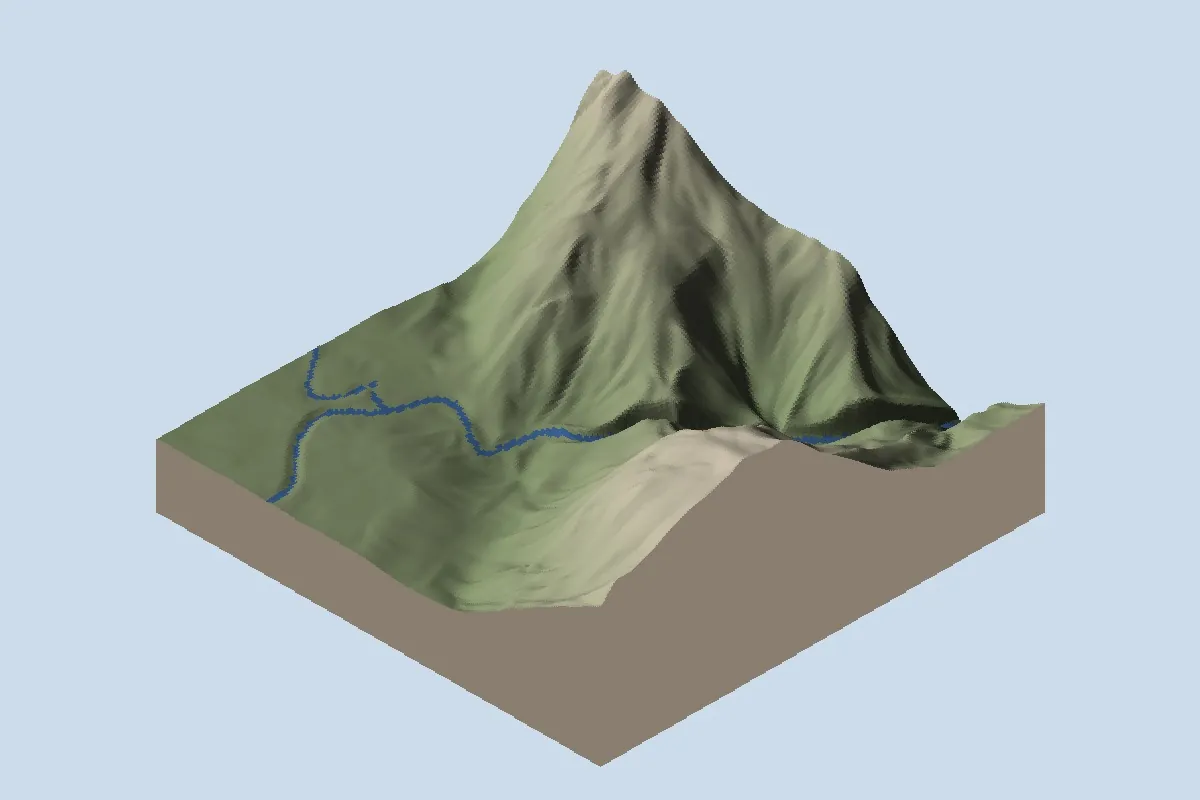 Ho Treo: neck, before lake installation, shown as oblique shaded relief with blue diagnostic water