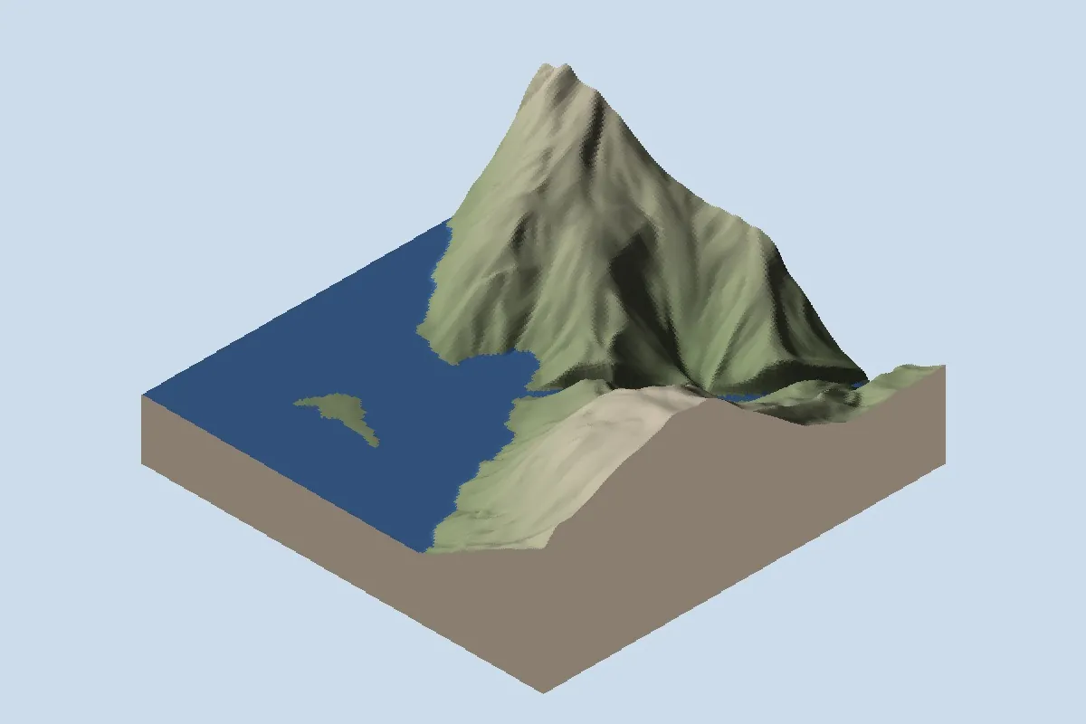 Ho Treo: neck, after lake installation, shown as oblique shaded relief with blue diagnostic water