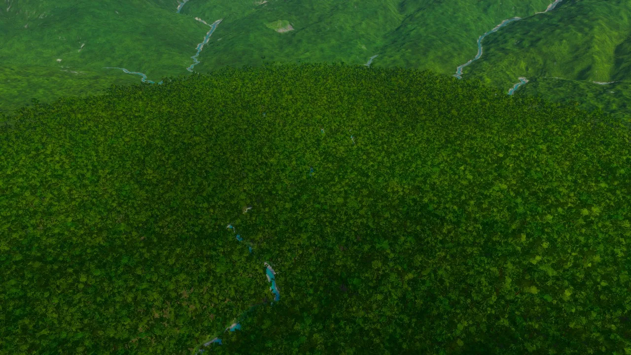 Ho Thac, the planned outlet and forested slopes, in the Atlas game before the new lake occupies the hollow