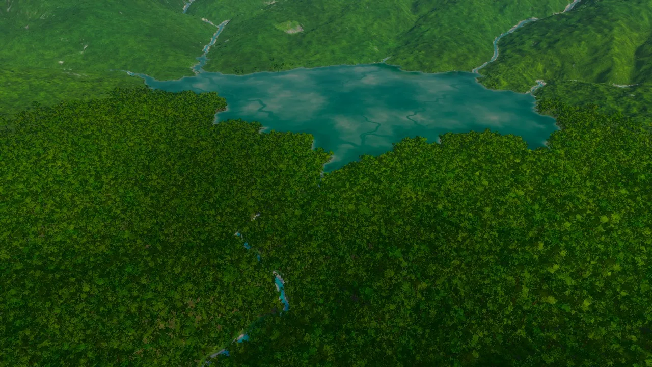 Ho Thac, the planned outlet and forested slopes, in the Atlas game after water fills the planned basin