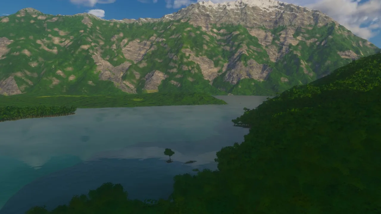 Ho Lang by day in the game engine: a calm turquoise lake between forested slopes, a single tree standing in the water, and a high striped mountain behind under a blue sky
