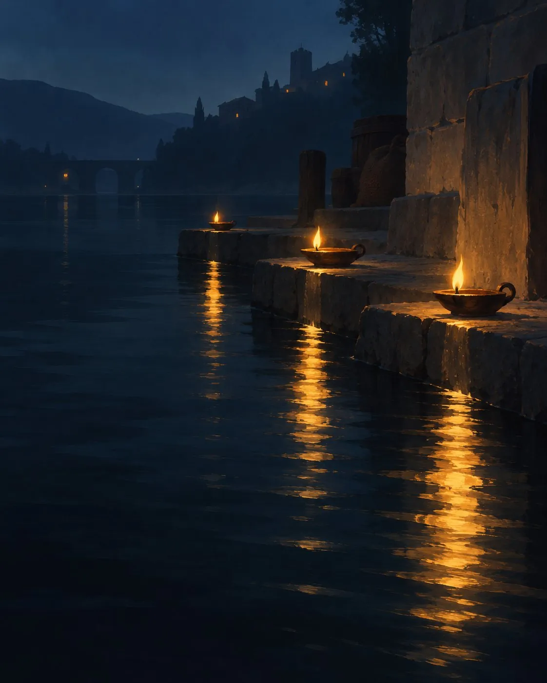 Concept art: warm oil lamps by a dark river, their light reflected as long wavering streaks in the water, a distant town faint beyond