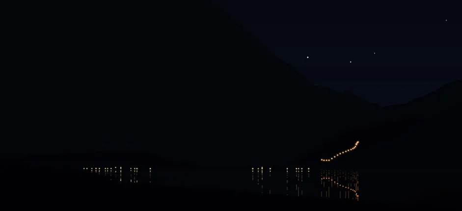 Seen at night from a low shore across a dark lake: a row of small warm lamps along the far waterline, faint glitter beneath them, and to the right a dotted line of orange torches climbing a dark slope under a few stars