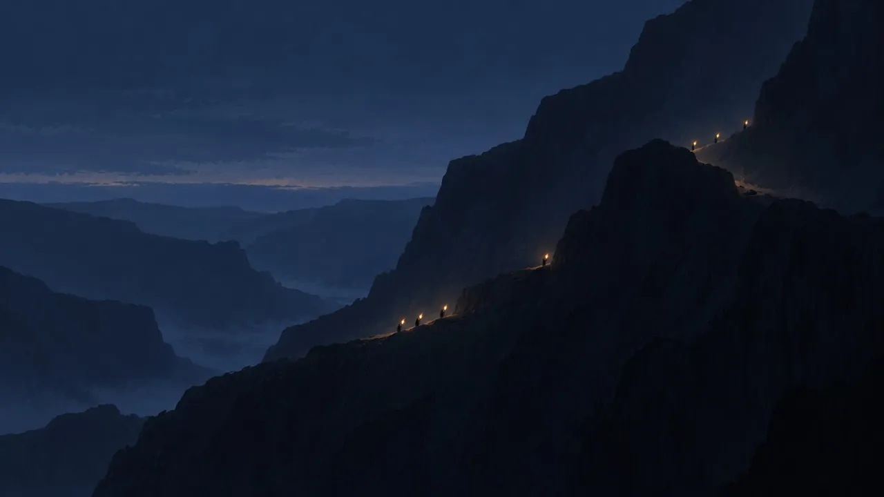 Concept art: on a dark blue night, a few small walkers with flaming torches climb a narrow path across a huge dark mountainside, seen from far away