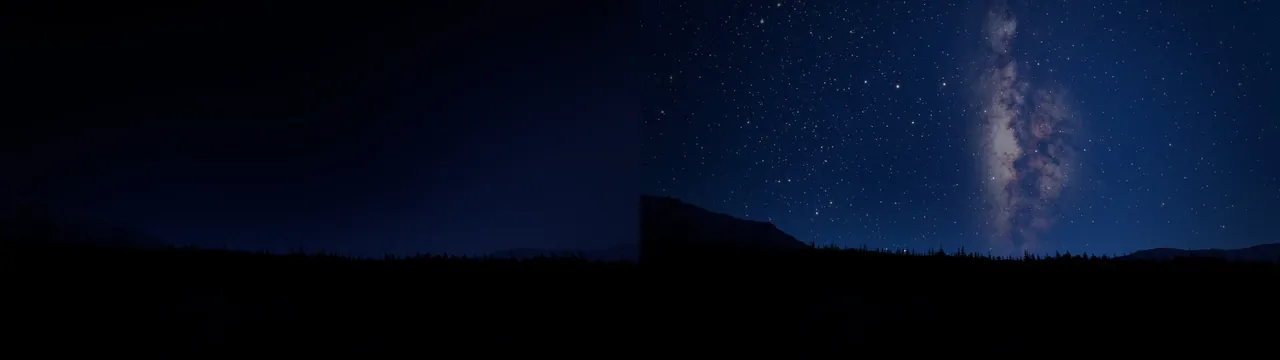 Two game-engine views from the same camera south of Ilvesvaara: on the left the old night, a plain dark-blue sky over the treeline; on the right the new one, with the Milky Way's core and a dense star field.
