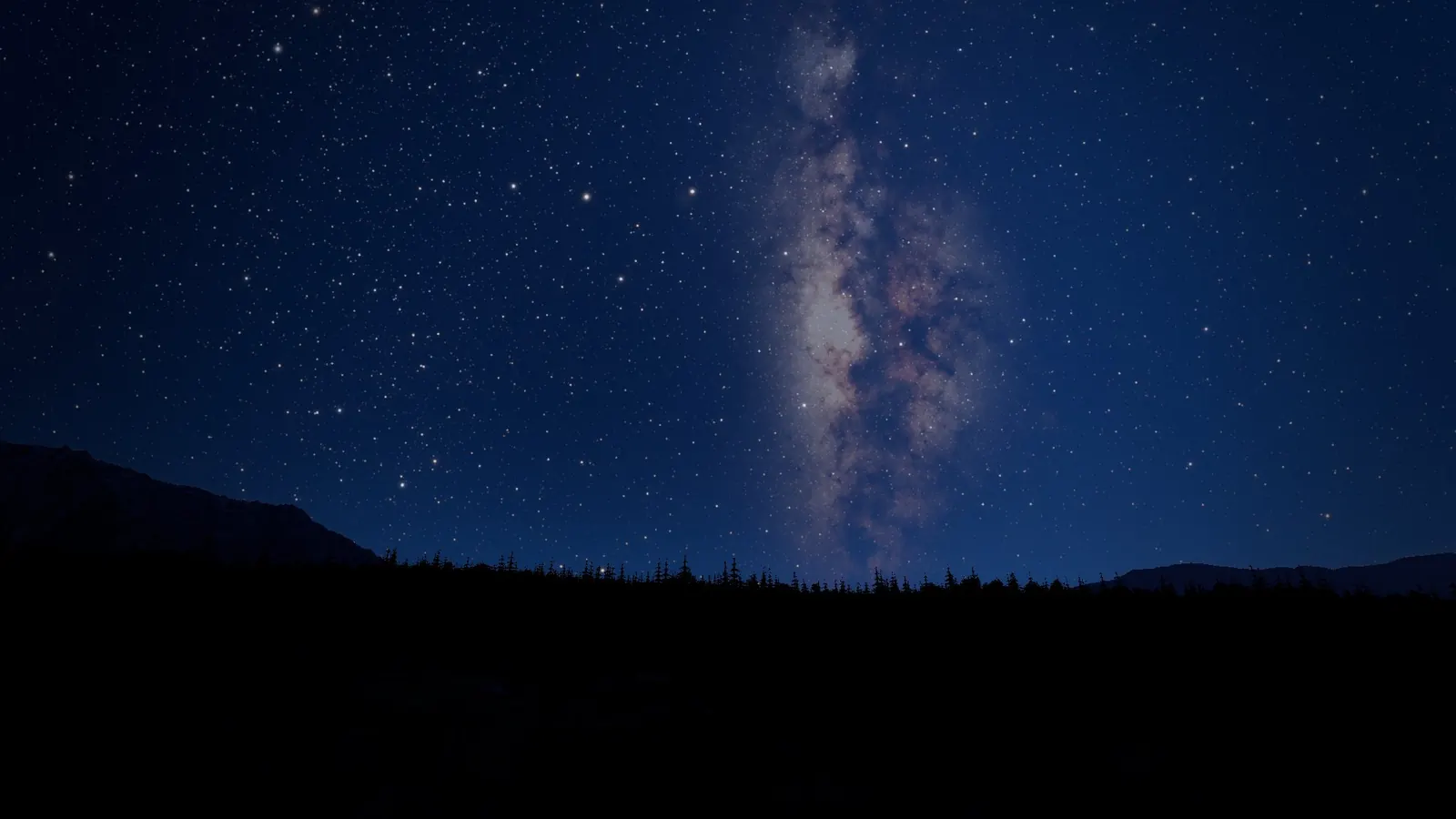 A game-engine night view: the bright core of the Milky Way rises straight up out of a dark spruce treeline into a deep blue sky full of stars