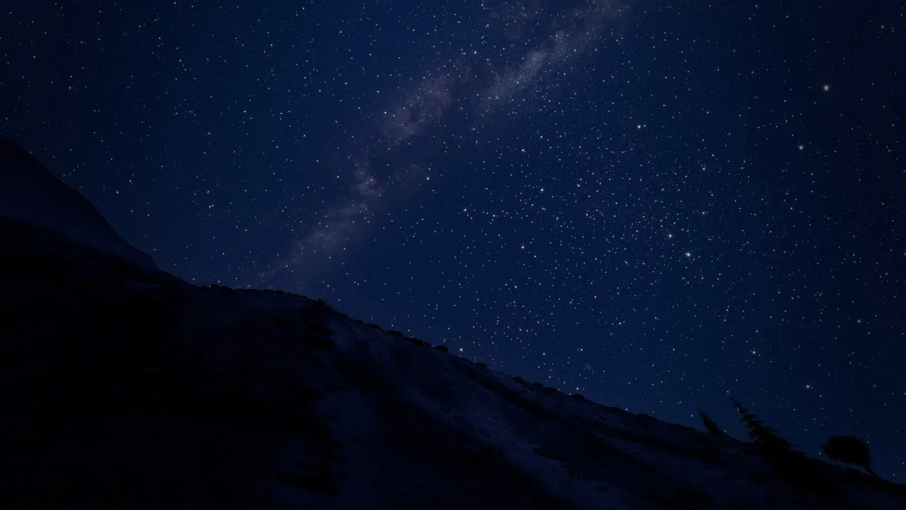 A game-engine view up a moonlit mountain slope: the Milky Way crosses the blue sky on a diagonal, split by a dark lane, over a field of stars.
