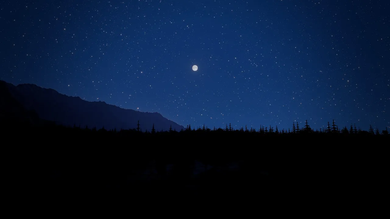 A game-engine view across a spruce treeline at night: a small bright moon in a blue sky that brightens toward it, the stars thinning around it.