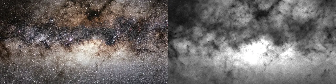 Two crops of the galactic centre side by side: on the left the original ESO photograph, full of stars over brown dust lanes; on the right the starless brightness map the game uses, the same lanes and star clouds with the points gone.