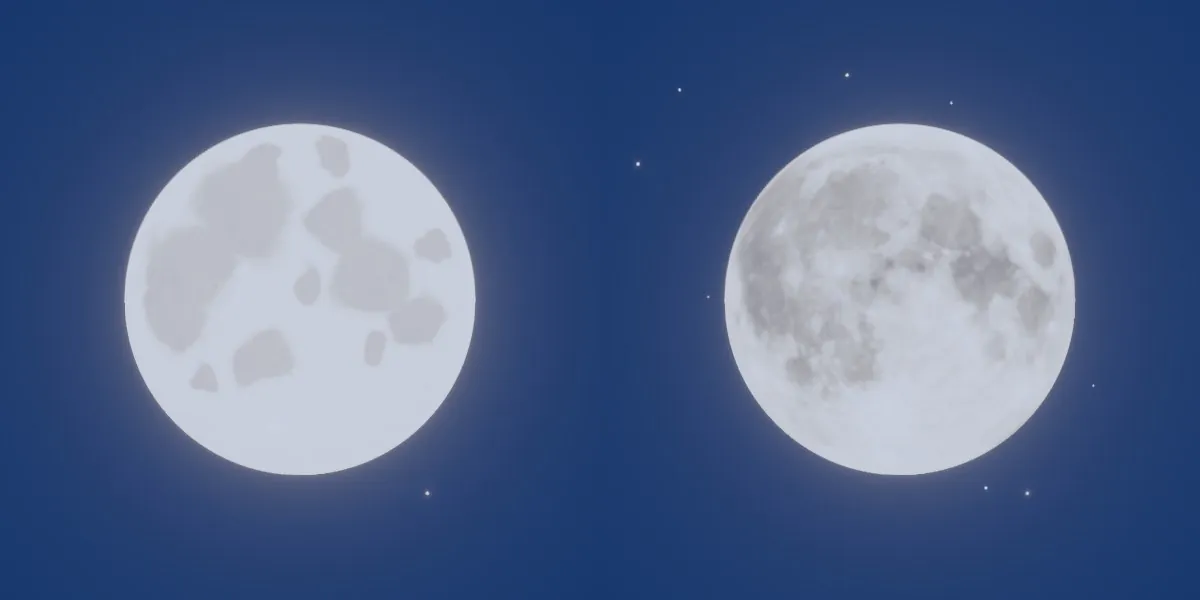 Two telephoto views of the moon side by side, about 4 degrees across: on the left a moon drawn from noise with soft grey blobs for seas; on the right the moon from the orbiter's map, with its real seas, craters and rays.