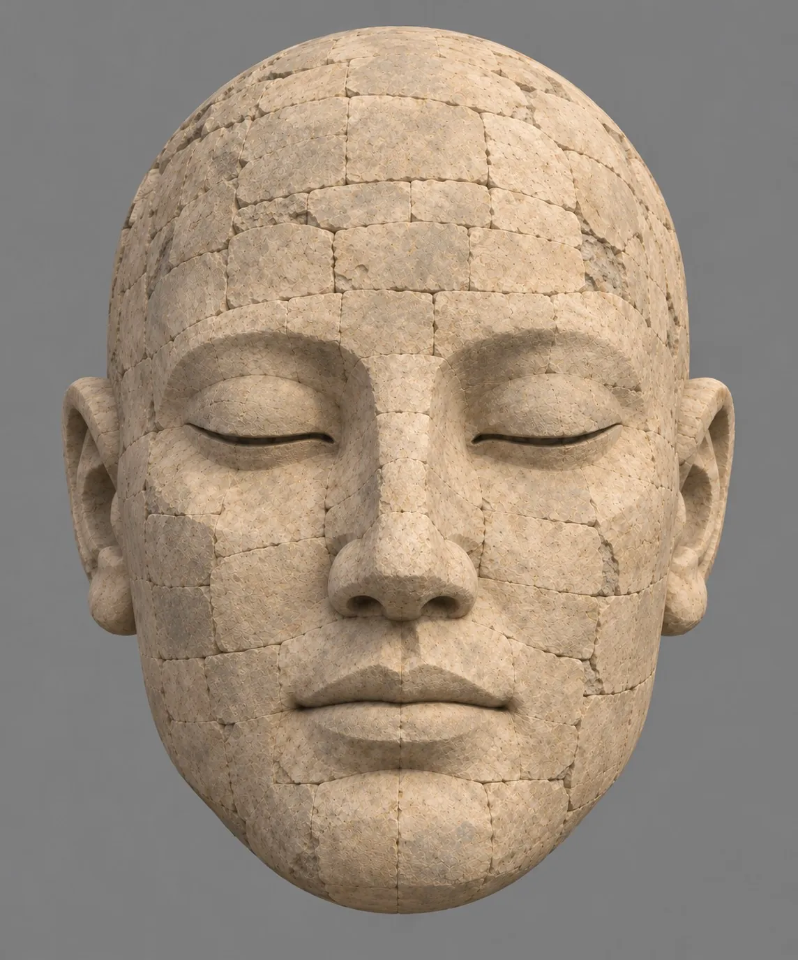 Accepted upright concept showing closed eyelids and a full head built from pale weathered stone blocks