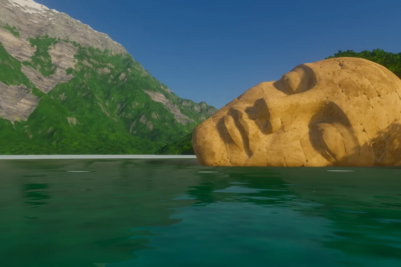 Earlier game test showing a more golden head cropped by the right edge, with little matching reflection beneath it