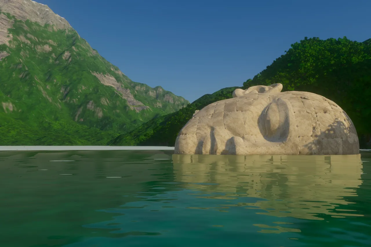 Pale limestone head lying sideways in the lake, with a broad reflection below its closed eye