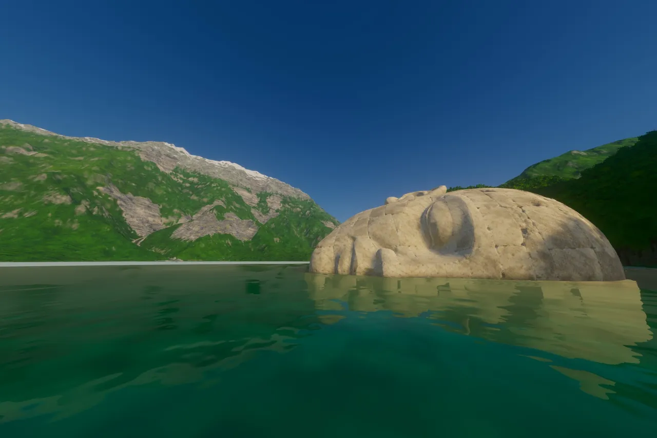 Closer game view of the fallen head and its reflected stone forms, with the nose just above the water