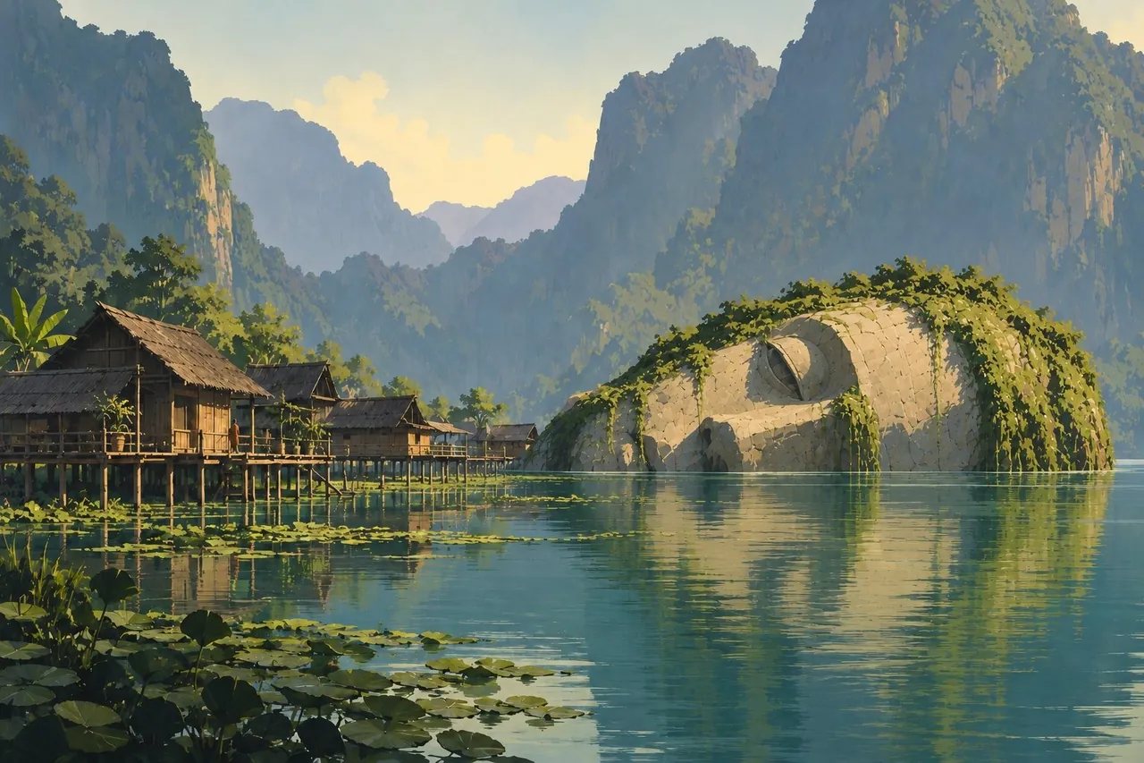 Concept art showing a fallen stone head beside stilt houses, vines and lily pads among steep cliffs